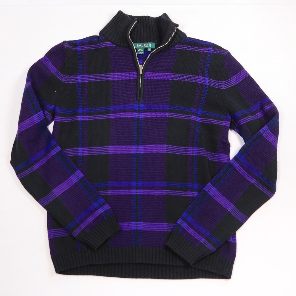 Lauren Ralph Lauren Sweater Womens M Purple Black Plaid Cotton Quarter Zip VTG
